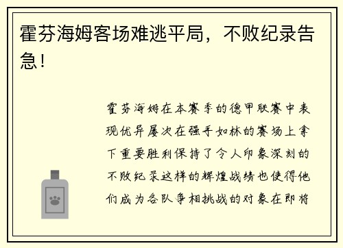 霍芬海姆客场难逃平局，不败纪录告急！