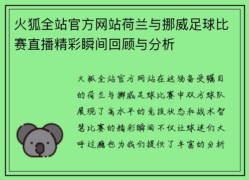 火狐全站官方网站荷兰与挪威足球比赛直播精彩瞬间回顾与分析