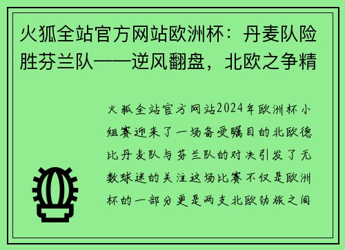 火狐全站官方网站欧洲杯：丹麦队险胜芬兰队——逆风翻盘，北欧之争精彩绝伦
